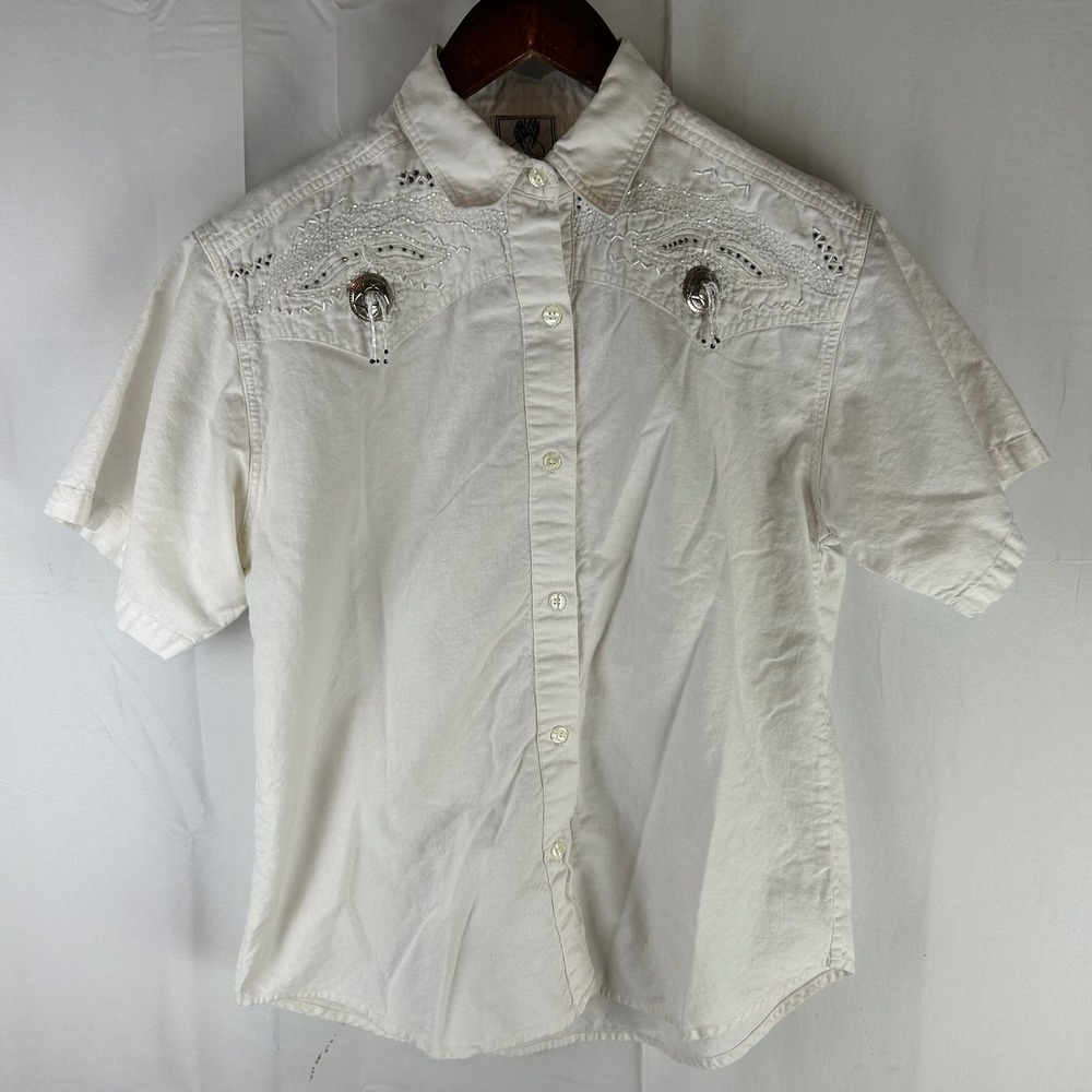 Short Circuit‎ Womens White Cotton Western Beaded Concho Button Up Shirt Large